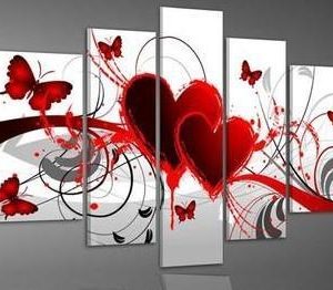 Hand Painted Red Love Hearts Butterfly Butterflies - Abstract 5 Panel Canvas Art Wall Decor