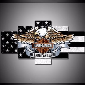 Harley Davidson American Eagle Flag Car & Motor - 5 Panel Canvas Art Wall Decor