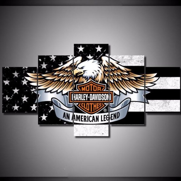 Harley Davidson American Eagle Flag Car & Motor - 5 Panel Canvas Art Wall Decor