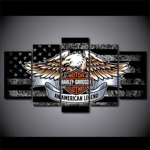 Harley-Davidson Eagle Black And White Car & Motor - 5 Panel Canvas Art Wall Decor