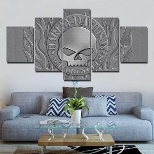 Harley-Davidson Motorcycle Willie G Skull Logo With Harley-Davidson Car & Motor - 5 Panel Canvas Art Wall Decor