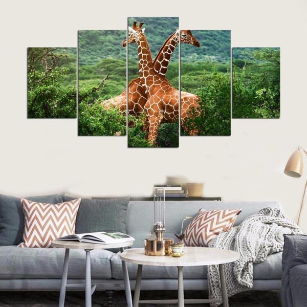 Hd Landscape Giraffes - Animal 5 Panel Canvas Art Wall Decor