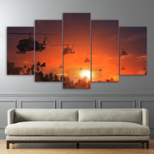 Helicopters Sunset Rosy Skey - Aircraft 5 Panel Canvas Art Wall Decor