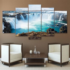 High Mountain Waterfall Landscape 03 - Nature 5 Panel Canvas Art Wall Decor