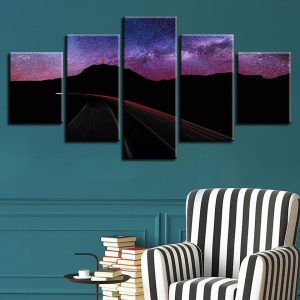 Highway And Mountain Beautiful Starry Sky - Nature 5 Panel Canvas Art Wall Decor