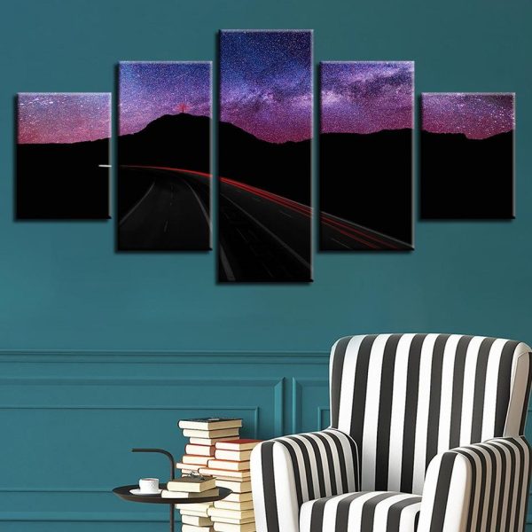 Highway And Mountain Beautiful Starry Sky - Nature 5 Panel Canvas Art Wall Decor