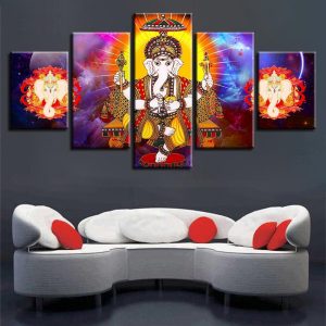 Hindu God Ganesha Elephant 6 - Religion 5 Panel Canvas Art Wall Decor