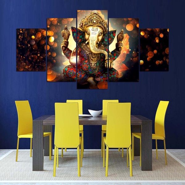 Hindu God Ganesha Elephant Trunk God - Religion 5 Panel Canvas Art Wall Decor