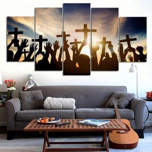 Holding Cross During Sunrise - Religion 5 Panel Canvas Art Wall Decor