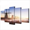 Holland Windmills By The River - Nature 5 Panel Canvas Art Wall Decor