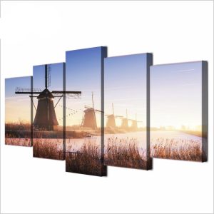 Holland Windmills By The River - Nature 5 Panel Canvas Art Wall Decor