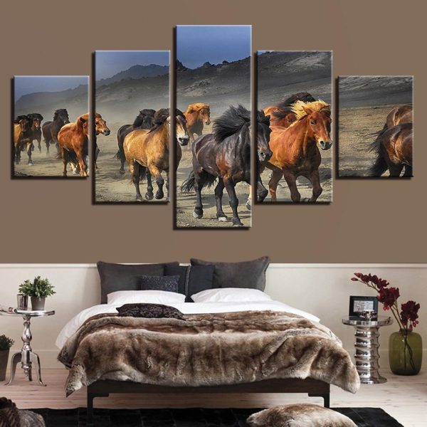 Horse Family Running - Animal 5 Panel Canvas Art Wall Decor