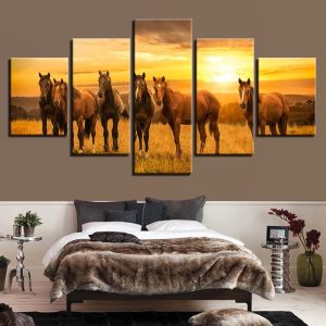 Horse Family Sunshine Sunset - Animal 5 Panel Canvas Art Wall Decor