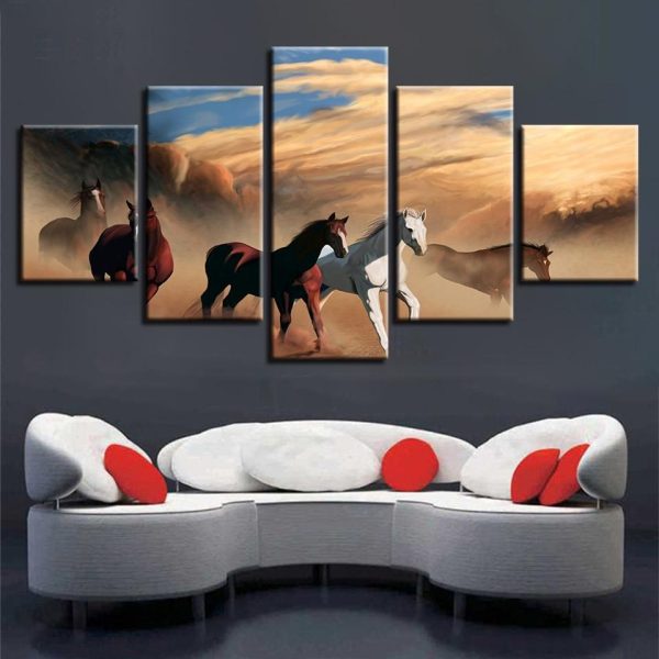 Horse Group Running 1 - Animal 5 Panel Canvas Art Wall Decor