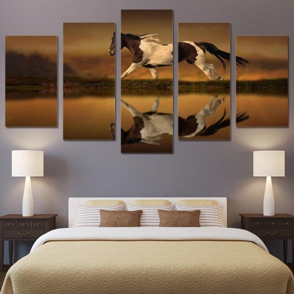 Horse Lake - Animal 5 Panel Canvas Art Wall Decor