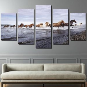 Horses Across The River - Animal 5 Panel Canvas Art Wall Decor