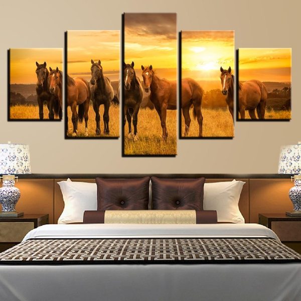 Horses Group Sunshine - Animal 5 Panel Canvas Art Wall Decor