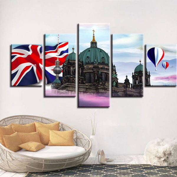 Hot Balloon British Flags Berlin Cathedral - Nature 5 Panel Canvas Art Wall Decor