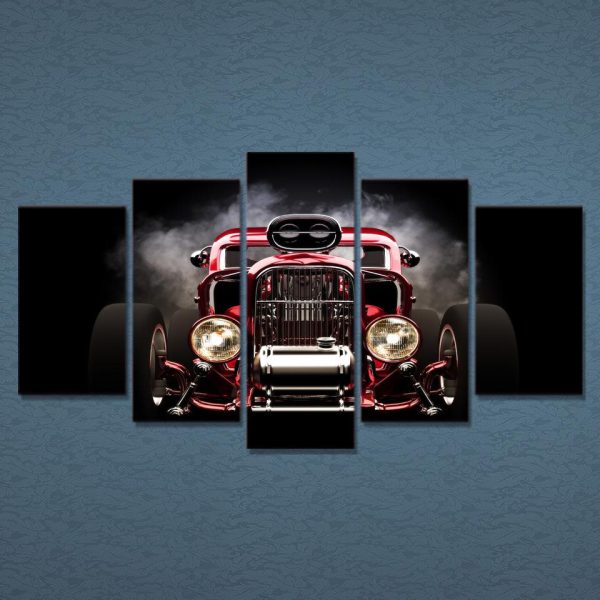 Hot Rod Red Car Wheels - Automative 5 Panel Canvas Art Wall Decor