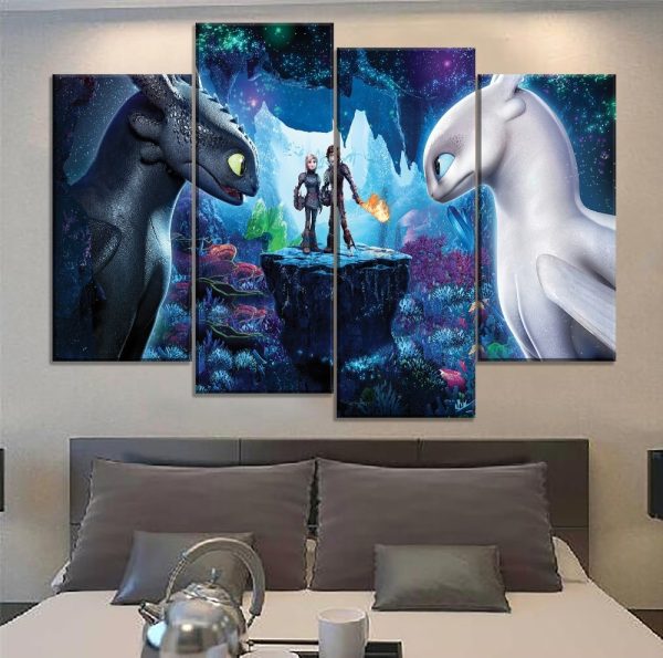 How to Train Your Dragon 3 Toothless And Light Fury Movie 4 Pieces - 4 Panel Canvas Art Wall Decor