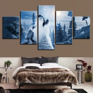 Husky Howling At The Snowy Moon - Animal 5 Panel Canvas Art Wall Decor