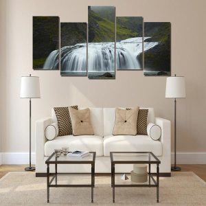 Iceland Waterfall Green 02 - Nature 5 Panel Canvas Art Wall Decor