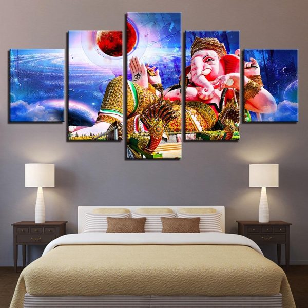 India Ganesha Elephant God And Planets - Religion 5 Panel Canvas Art Wall Decor