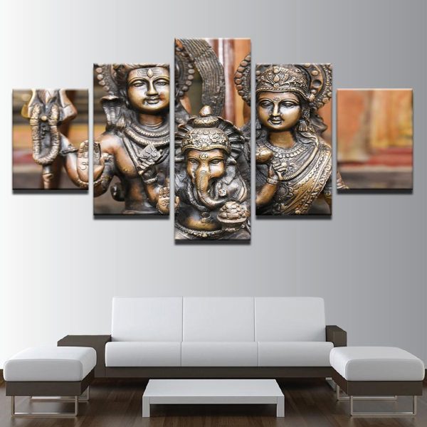 India God Shiva Parvati Ganesha - Religion 5 Panel Canvas Art Wall Decor