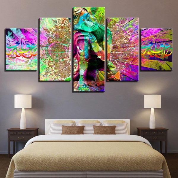 Indian Color Buddha - Religion 5 Panel Canvas Art Wall Decor