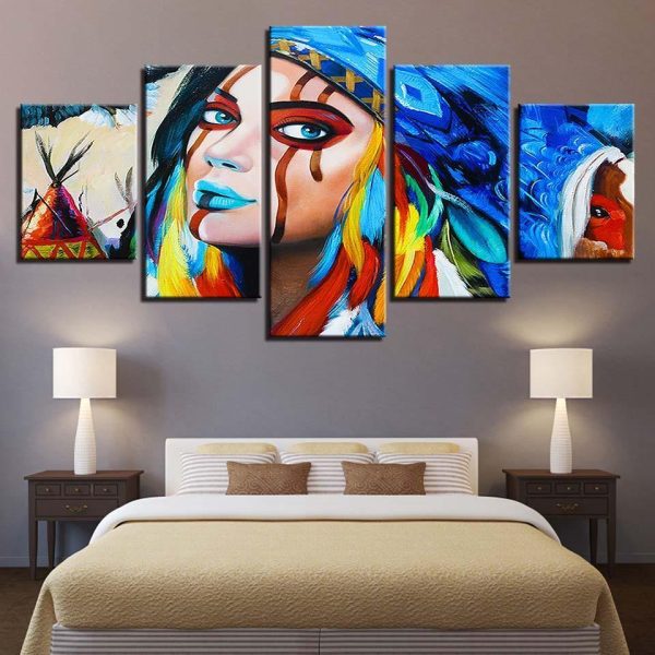 Indians Feathers American Native Girl - Abstract 5 Panel Canvas Art Wall Decor