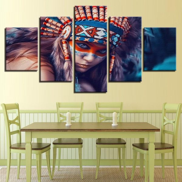 Indians Girl Feather Portraits - Religion 5 Panel Canvas Art Wall Decor