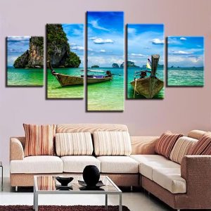 Island Ship And Blue Sky White Cloud - Ocean 5 Panel Canvas Art Wall Decor