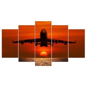 Jet Airplane At Sunset - Aircraft 5 Panel Canvas Art Wall Decor