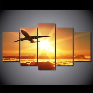 Jet Airplane Sunset 04 - Aircraft 5 Panel Canvas Art Wall Decor