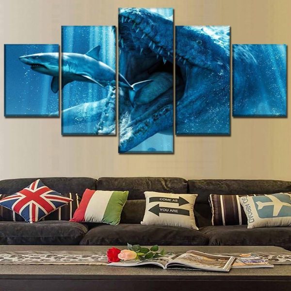 Jurassic World Dinosaur Vs Shark - 5 Panel Canvas Art Wall Decor