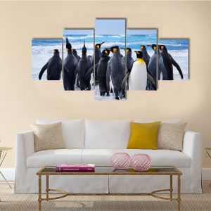 King Penguins Heading To Water - Animal 5 Panel Canvas Art Wall Decor