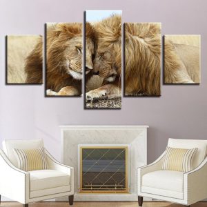 Kissing Lions - Animal 5 Panel Canvas Art Wall Decor