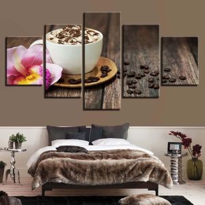 Kitchen And Restaurant Coffee Beans Flower Coffee Cup - Nature 5 Panel Canvas Art Wall Decor