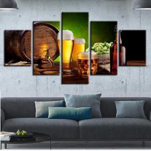 Kitchen Beer And Wine Glass Oak Barrels Restaurant - Wine 5 Panel Canvas Art Wall Decor