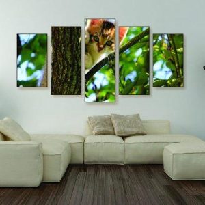 Kitten In A Tree - Animal 5 Panel Canvas Art Wall Decor