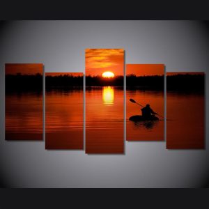 Lake Boat Sail Sunset - Nature 5 Panel Canvas Art Wall Decor