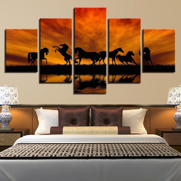 Lake Joyous Horses - Nature 5 Panel Canvas Art Wall Decor