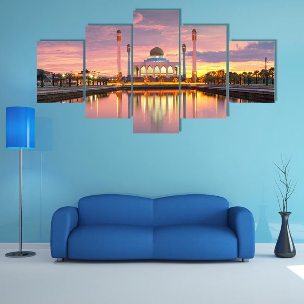 Landscape Of Songkhla Mosque And Sunset - Nature 5 Panel Canvas Art Wall Decor