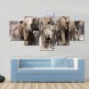 Large Herd Of Elephants - Animal 5 Panel Canvas Art Wall Decor