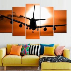 Large Set Airplane Sunset - Airplane 5 Panel Canvas Art Wall Decor