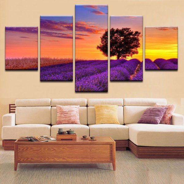 Lavender Field And The Sunset - Nature 5 Panel Canvas Art Wall Decor