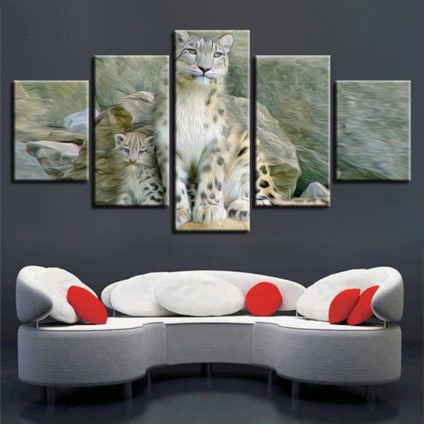 Leopard Family - Animal 5 Panel Canvas Art Wall Decor