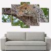 Leopard On Tree - Animal 5 Panel Canvas Art Wall Decor