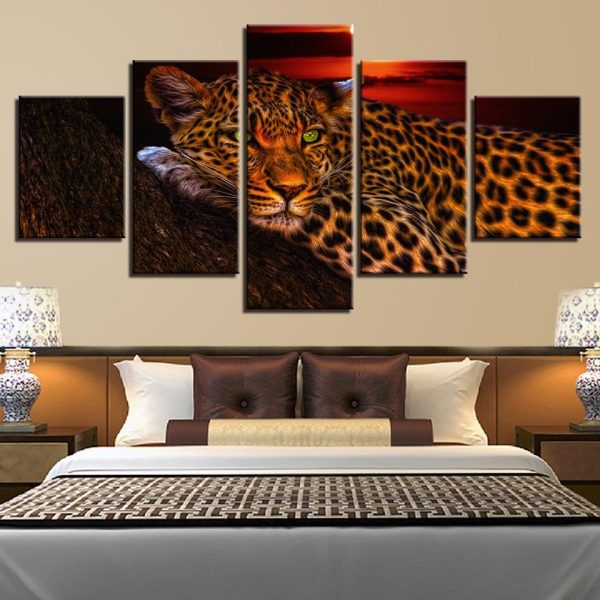 Leopard Sunset - Animal 5 Panel Canvas Art Wall Decor