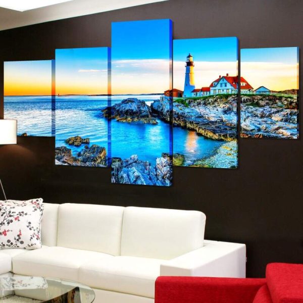 Lighthouse In The Distance - Nature 5 Panel Canvas Art Wall Decor